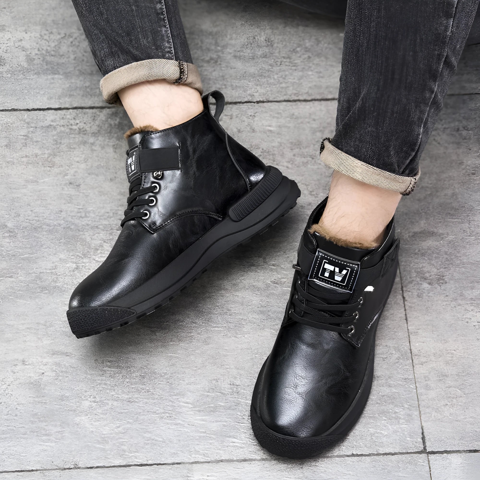 Men's black high-top platform Martin boots with velvet PU upper and rubber sole