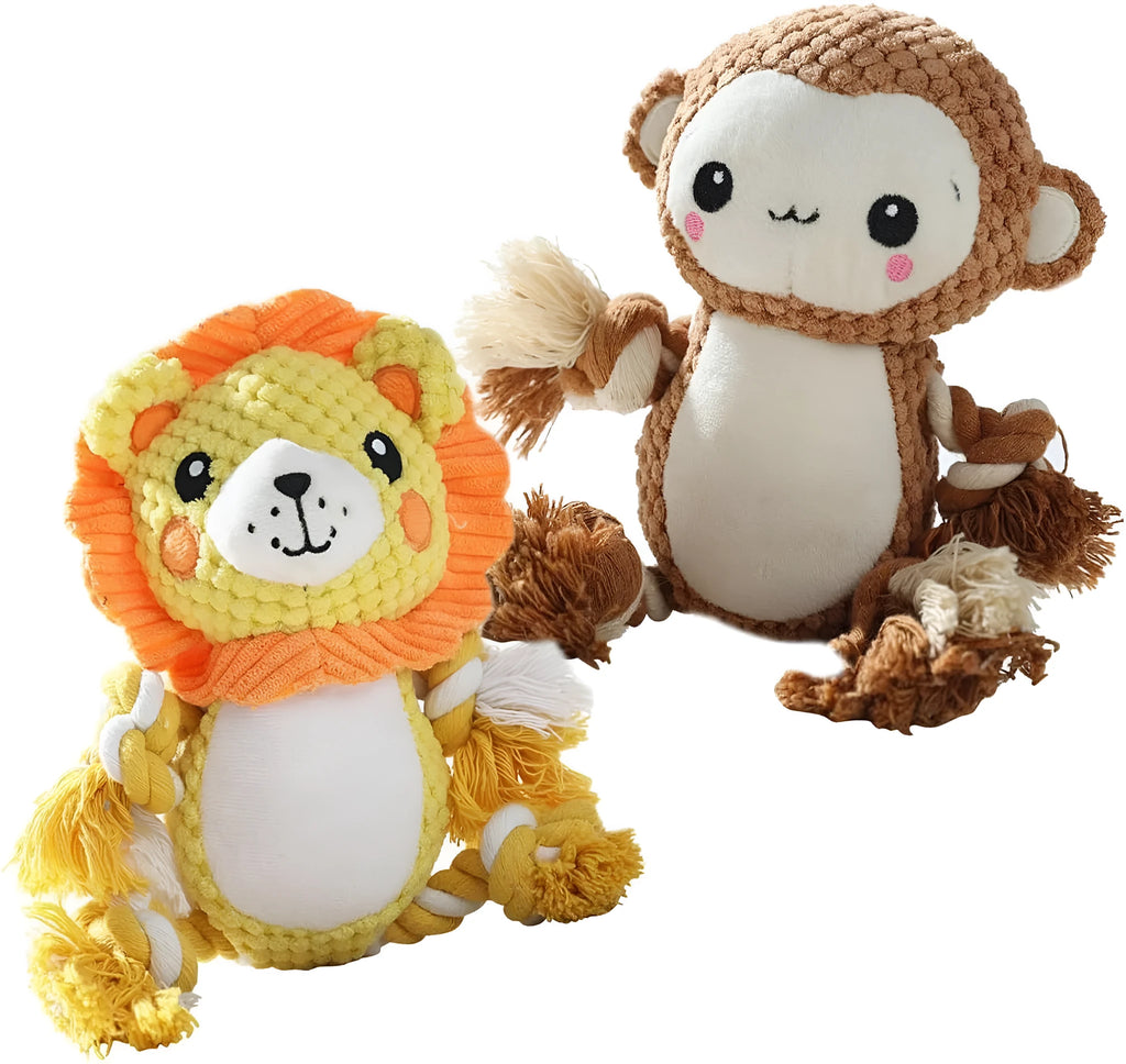 Plush squeaky dog toy bundle with lion and monkey designs for medium to large dogs