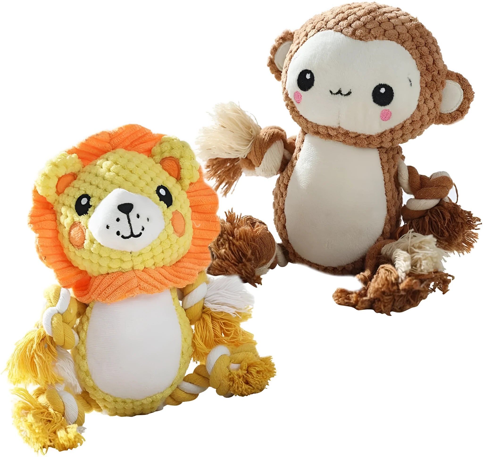 Plush squeaky dog toy bundle with lion and monkey designs for medium to large dogs