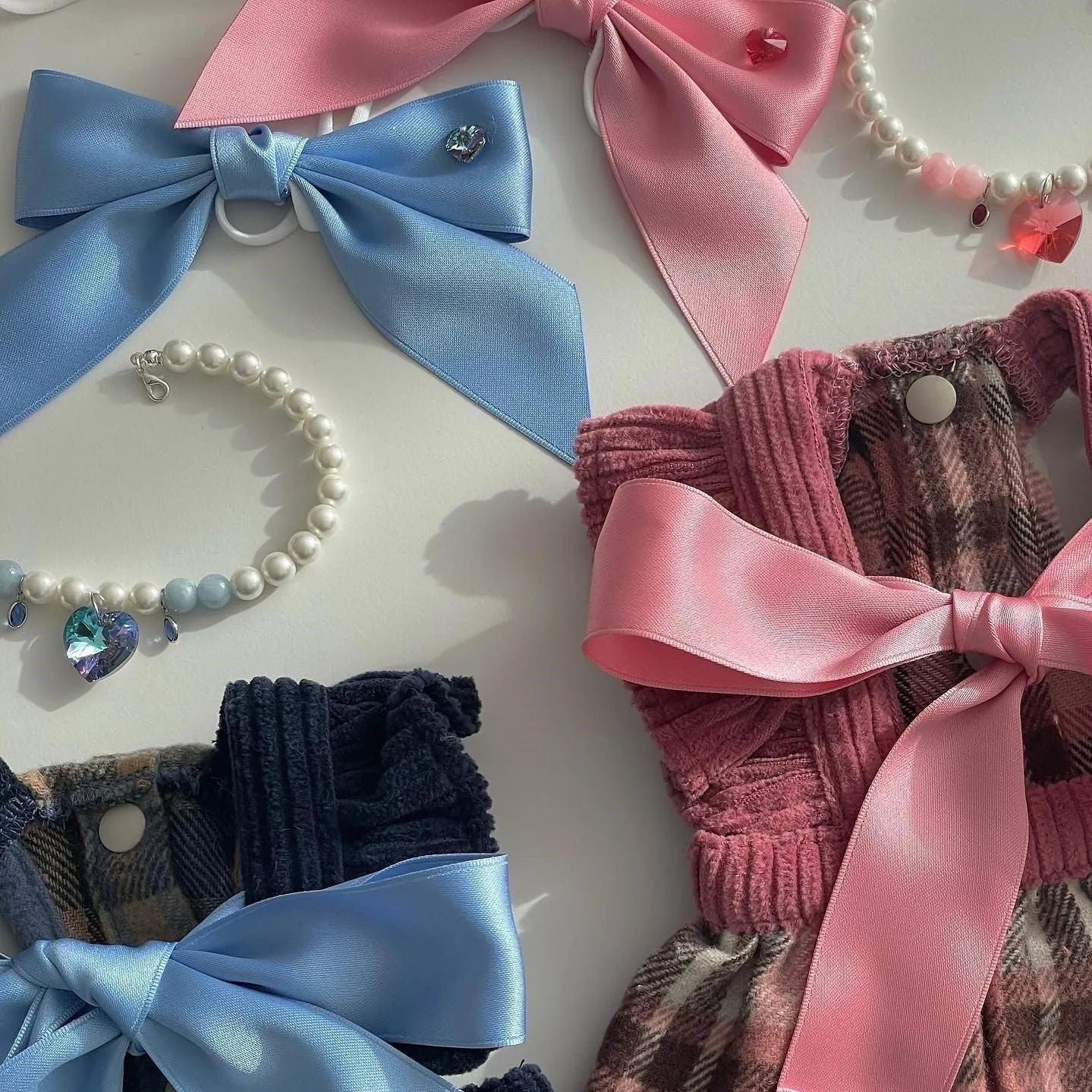 Princess style dog hair band with adjustable bow on canine model, showing polyester cotton jacquard construction