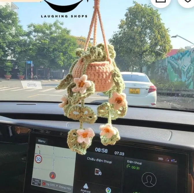 Green and white knitted wool car plant decoration with 25cm hanging rope