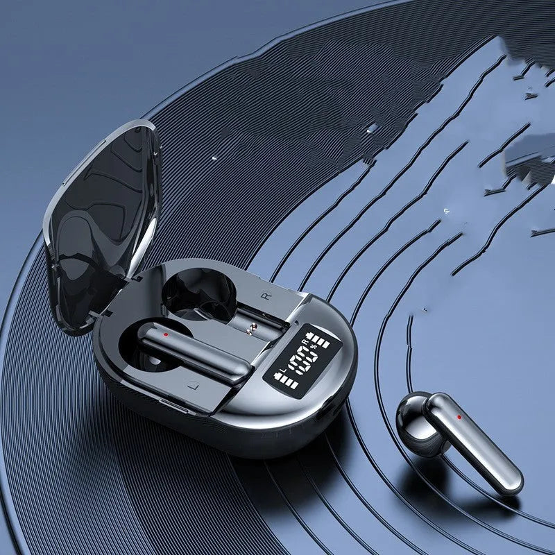 Black wireless Bluetooth headphones with digital display and charging case