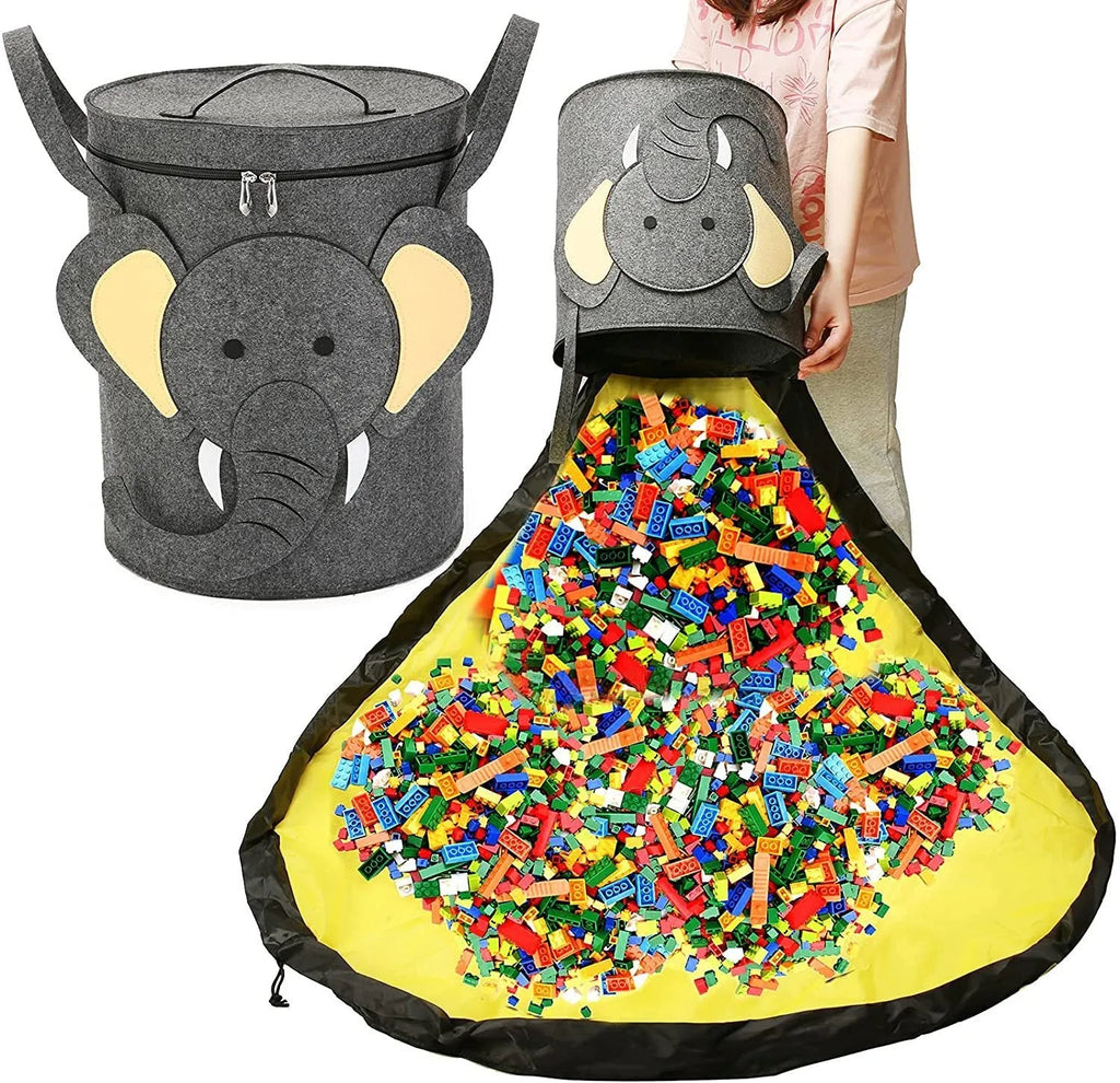 Green felt cube storage bag open as play mat with pull rope closure for toy organisation