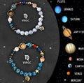 Two natural stone beaded zodiac bracelets on elastic cords showing different astrology sign designs