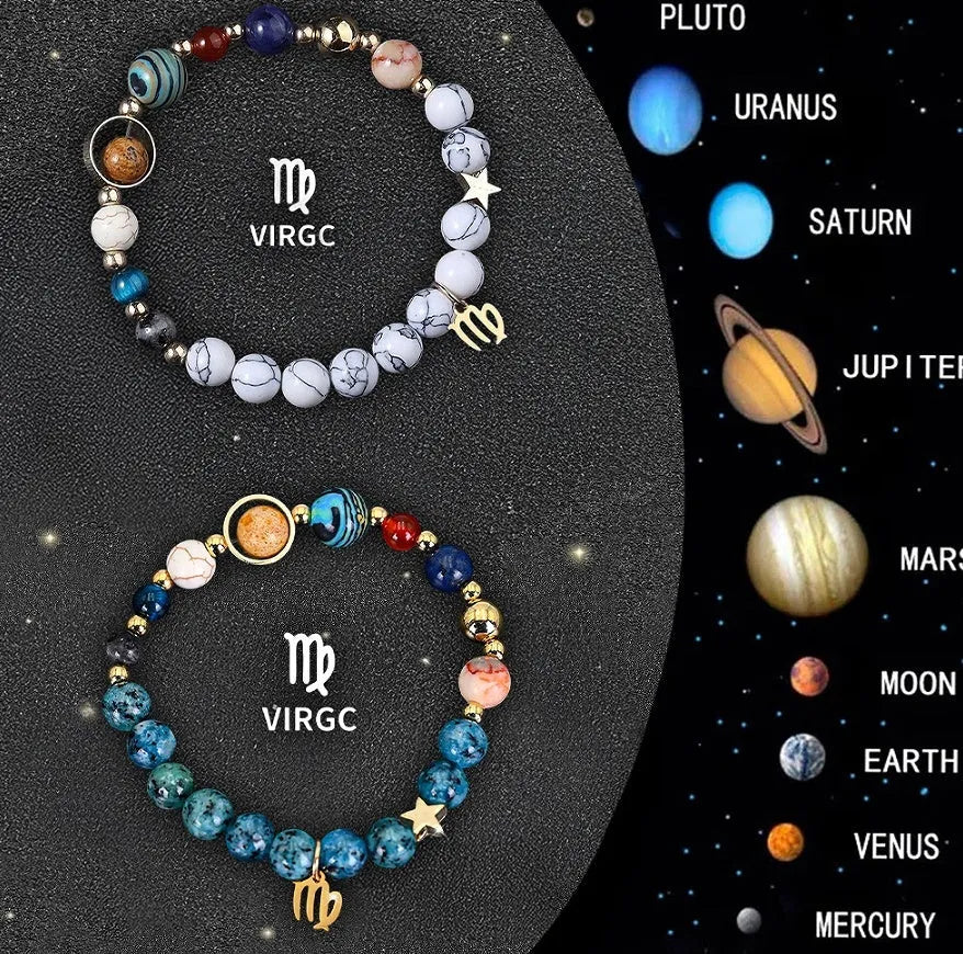 Two natural stone beaded zodiac bracelets on elastic cords showing different astrology sign designs