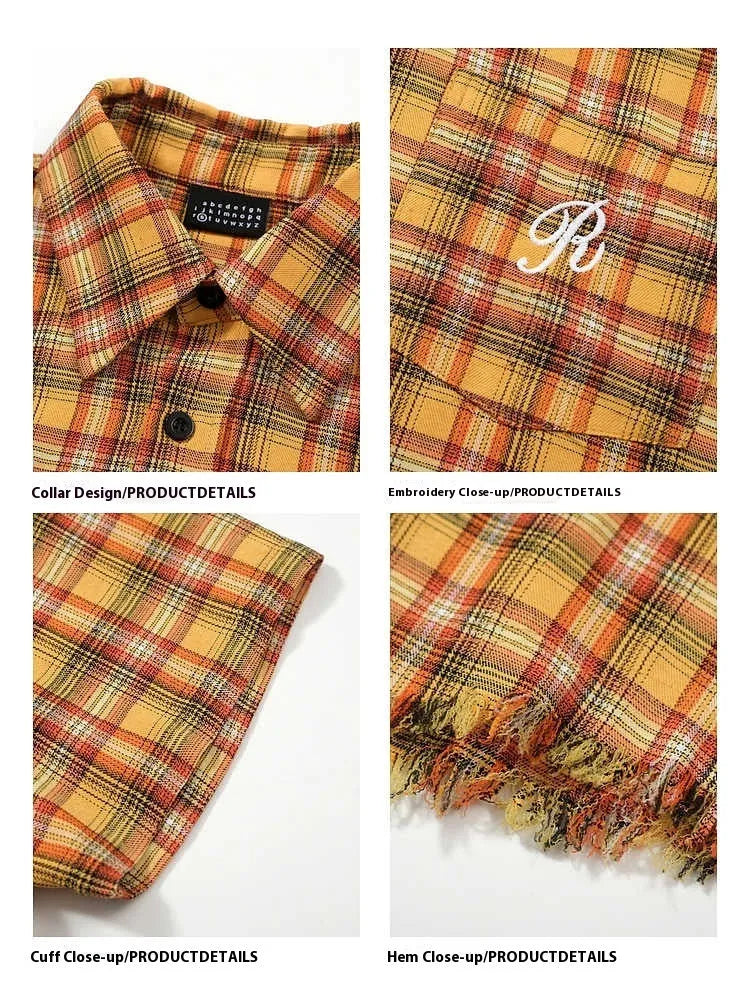 Yellow plaid loose fit short sleeve shirt with embroidered detail on the chest pocket.