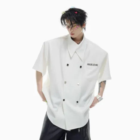 Men's loose-fit casual summer shirt with spliced design details and lapel collar