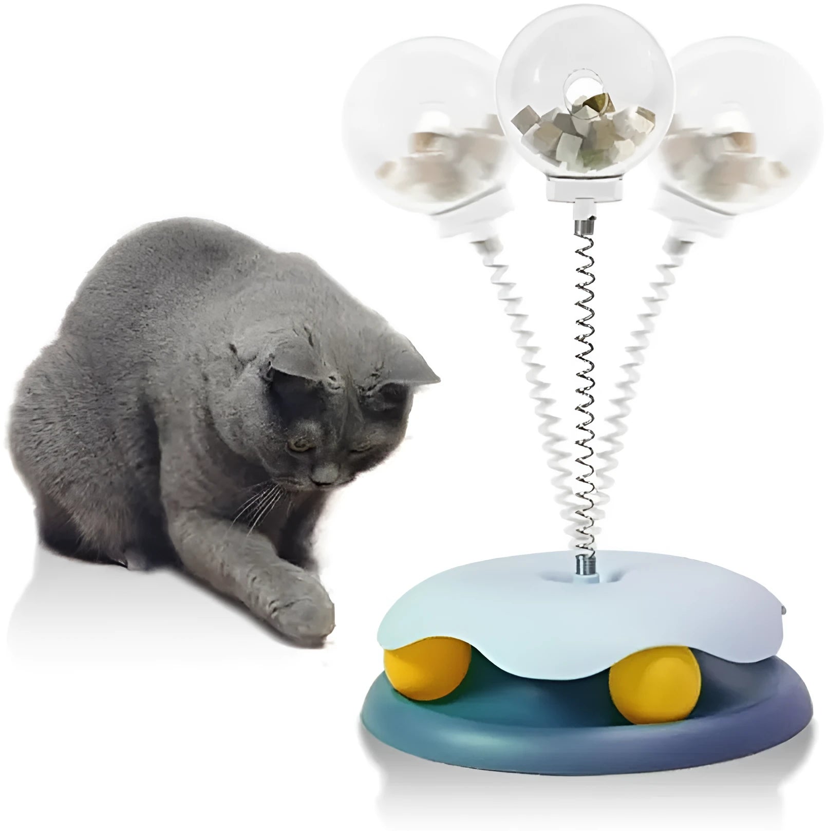 Blue cat treat dispenser toy with track ball design for slow feeding and entertainment
