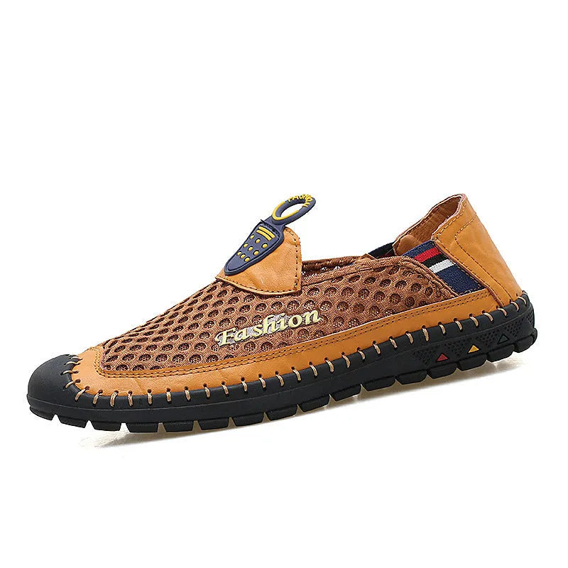 Men's brown casual shoes with mesh upper and rubber sole, showing round toe and stitching detail