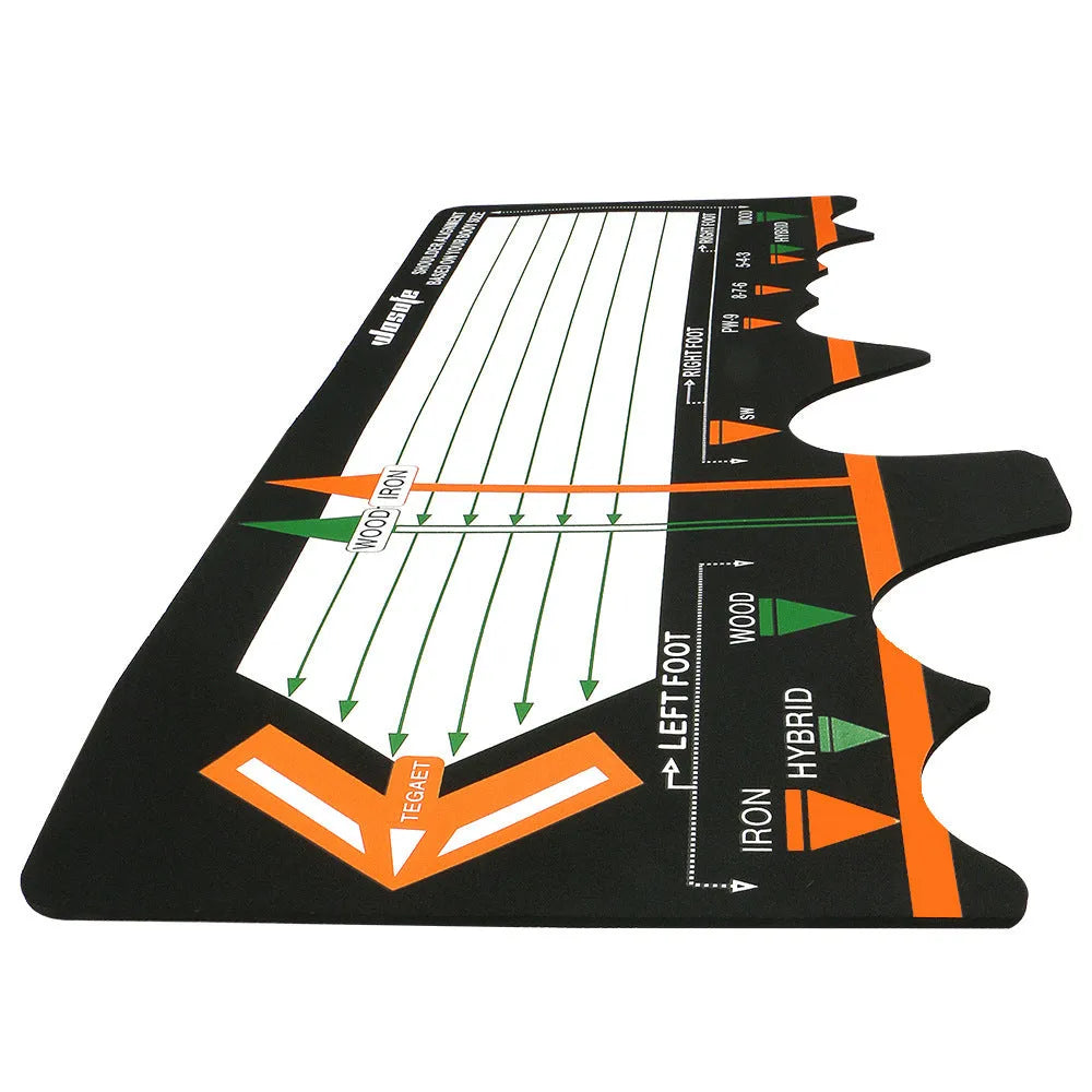 Black neoprene golf swing posture correction pad on a green surface