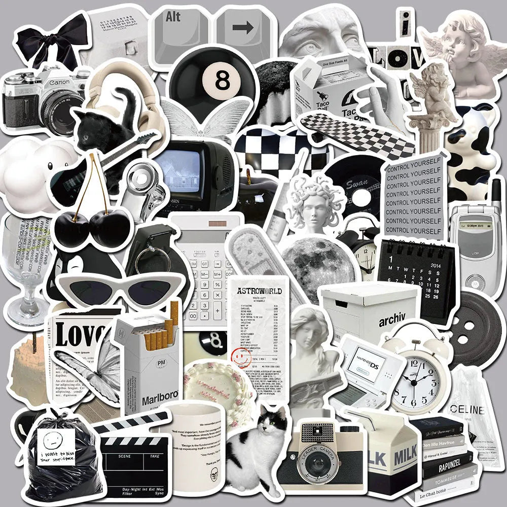 61-piece pack of black and white simple design PVC waterproof stickers for laptops and phones.