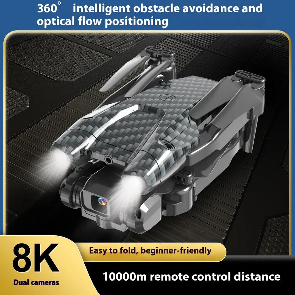 S138 black carbon fibre folding drone with propellers extended, showing dual camera and obstacle avoidance sensors.