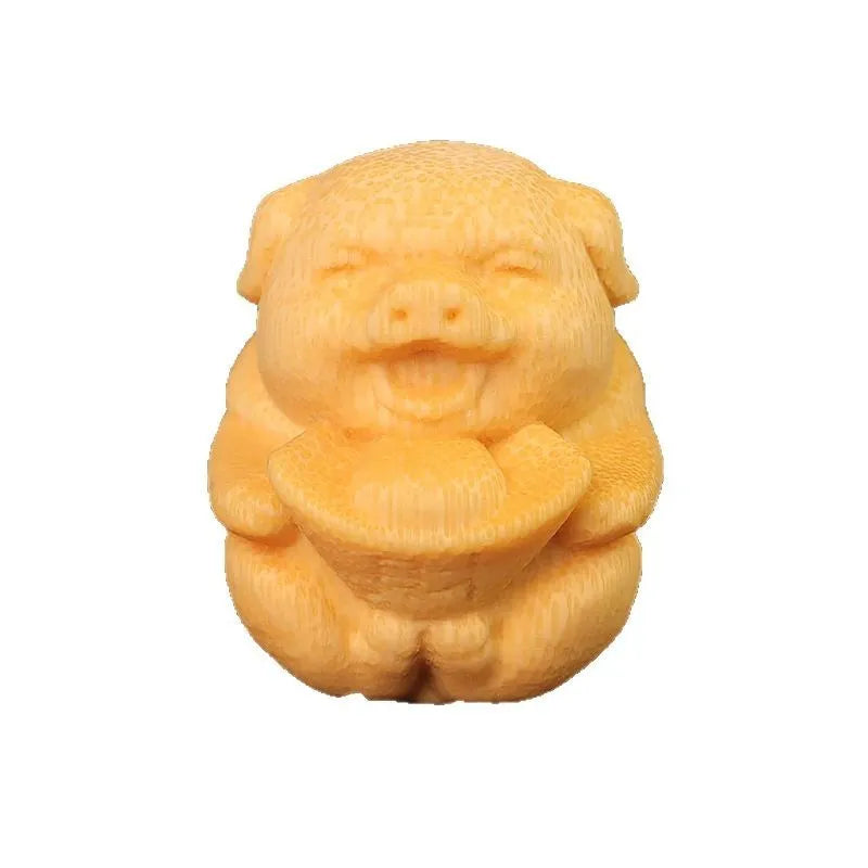 Solid bamboo carving ornament of a Fu Lu pig ingot, 4cm tall.