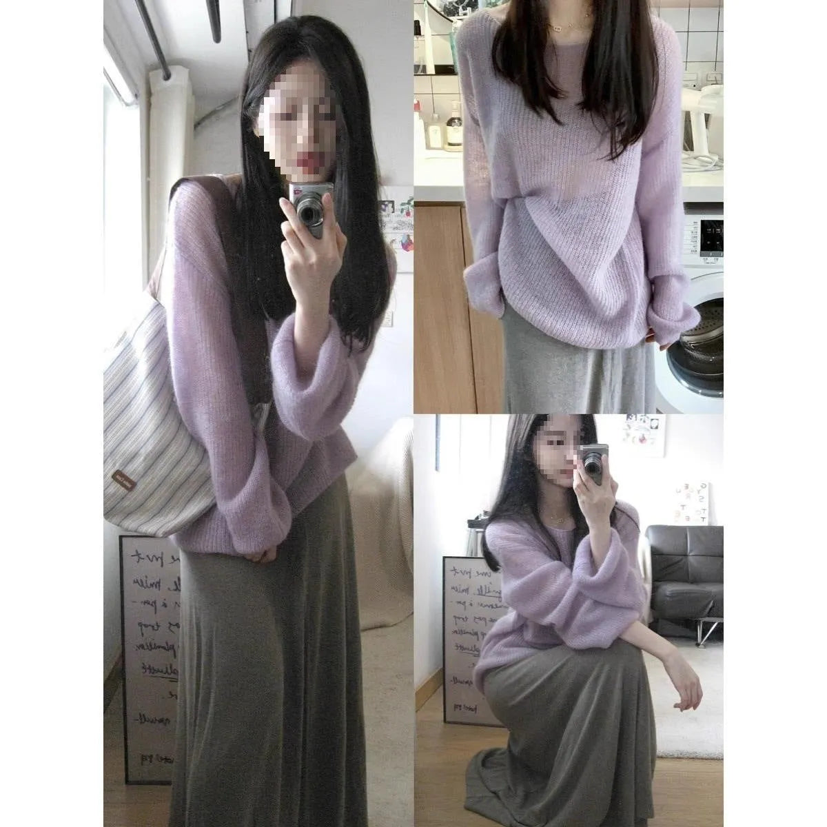 Purple women's blouse with hollow out detailing and princess sleeves in ice silk fabric