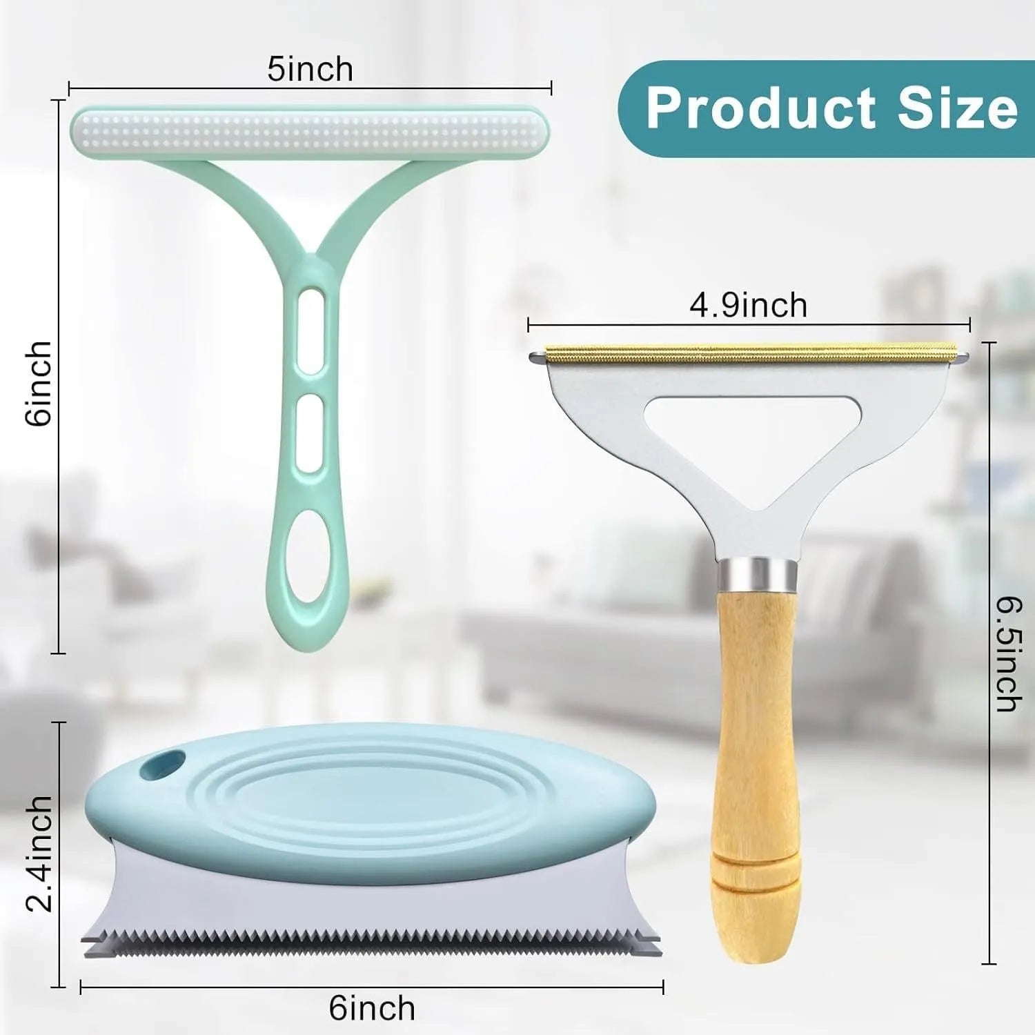 Three pet hair removal tools: metal lint brush, silicone roller, and round carpet scraper