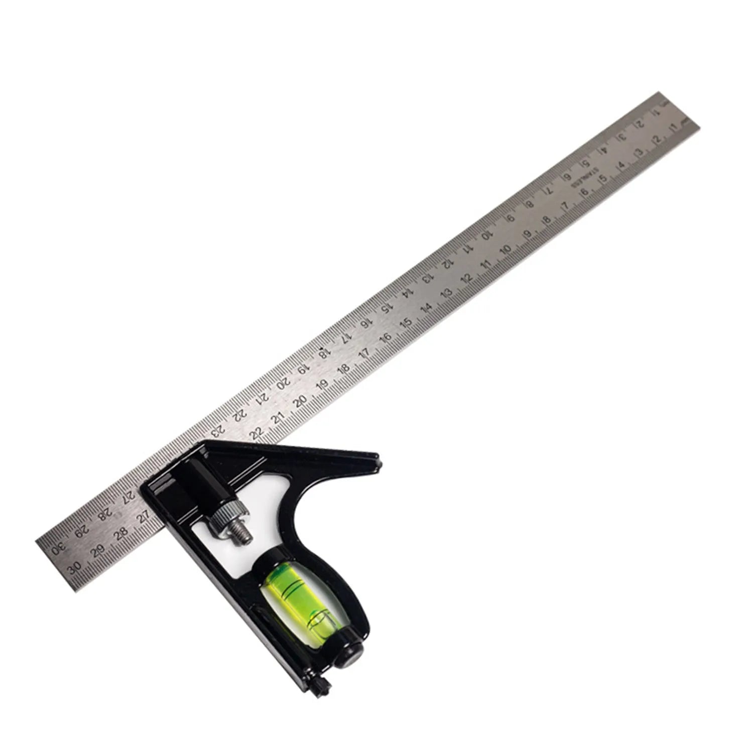 Red metal 7inch combination angle ruler with metric scale alongside base ruler in transparent storage bag