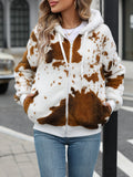 Yellow brown cow animal print hooded cardigan jacket with full zip and plush texture