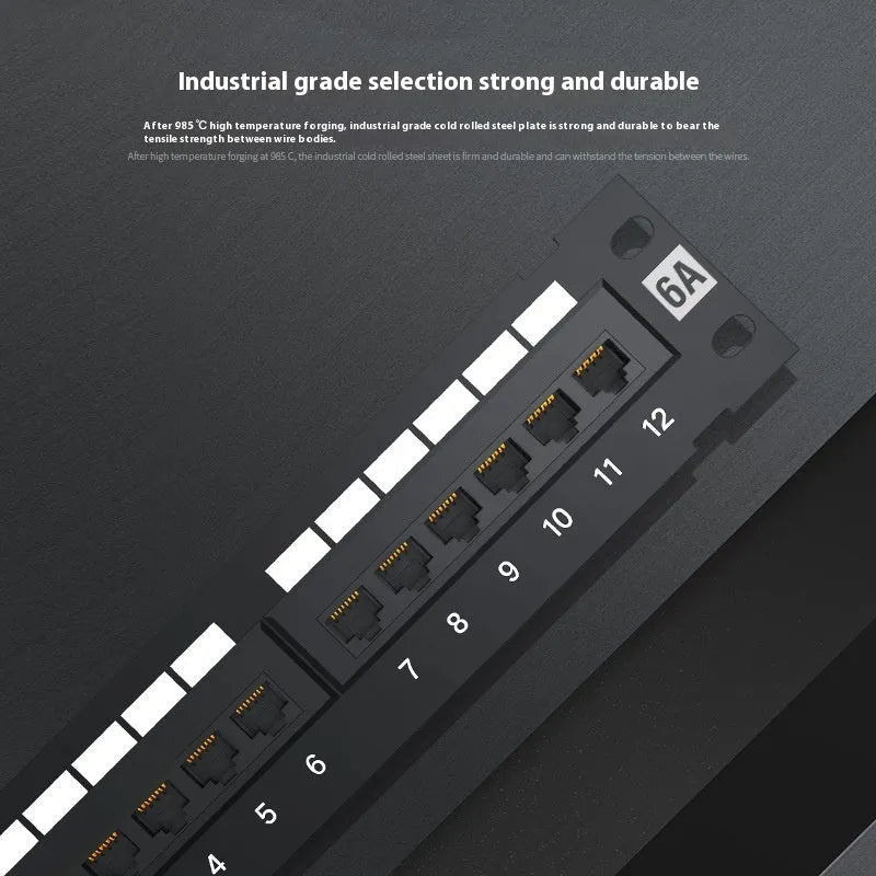 Black 12-port unshielded network distribution frame with hook bracket, supplied with routing knife and accessories.