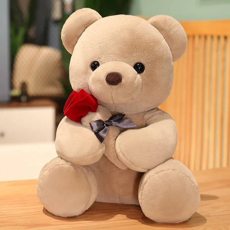 Plush teddy bear pillow in rose bear colours with cartoon design, shown in 25cm, 35cm and 45cm sizes