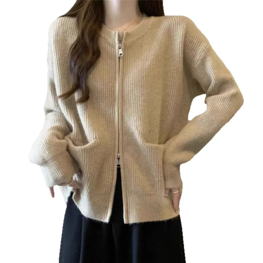 Beige soft glutinous viscose fibre sweater coat cardigan open front long sleeves