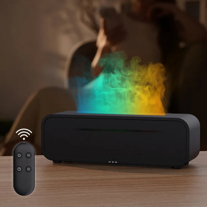Black and white flame dynamic aroma diffuser with remote control on wooden table