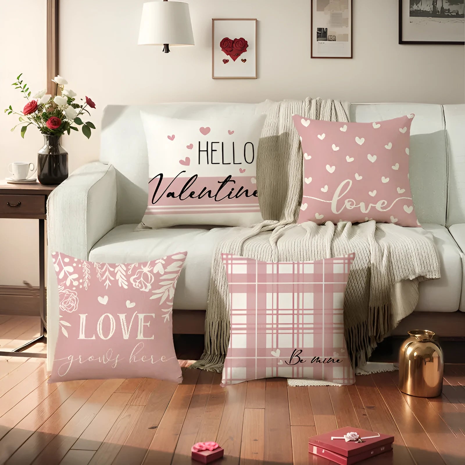 Plaid heart printed Valentine's Day decorative pillow cover measuring 45 by 45 centimetres.