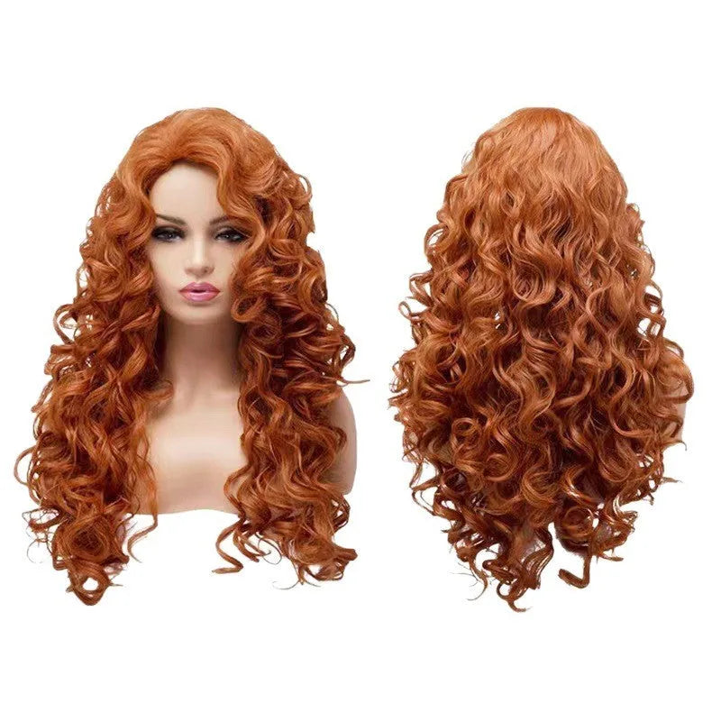Brown long wavy curly costume wig displayed on included wig head cover