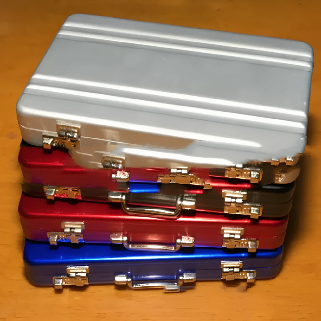 Aluminium alloy metal card holder in six colour options showing compact 100x65x16mm dimensions