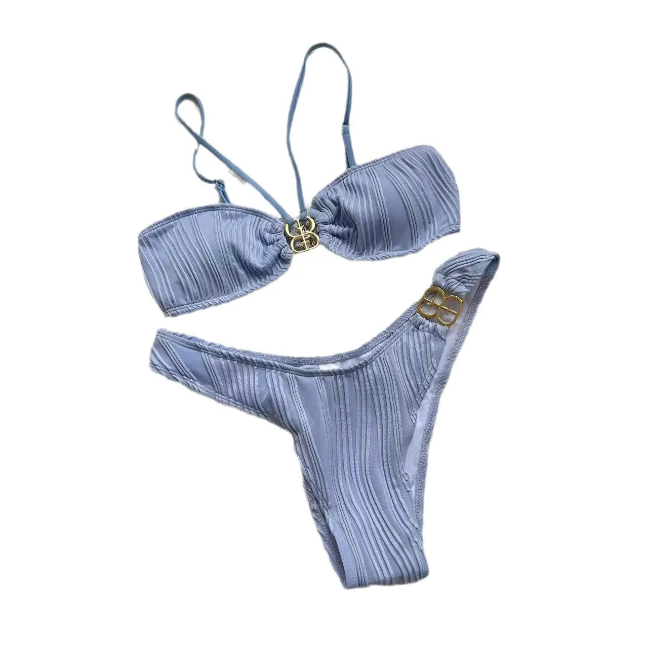 Women's solid colour hanging neck bikini set with briefs in polyester fabric