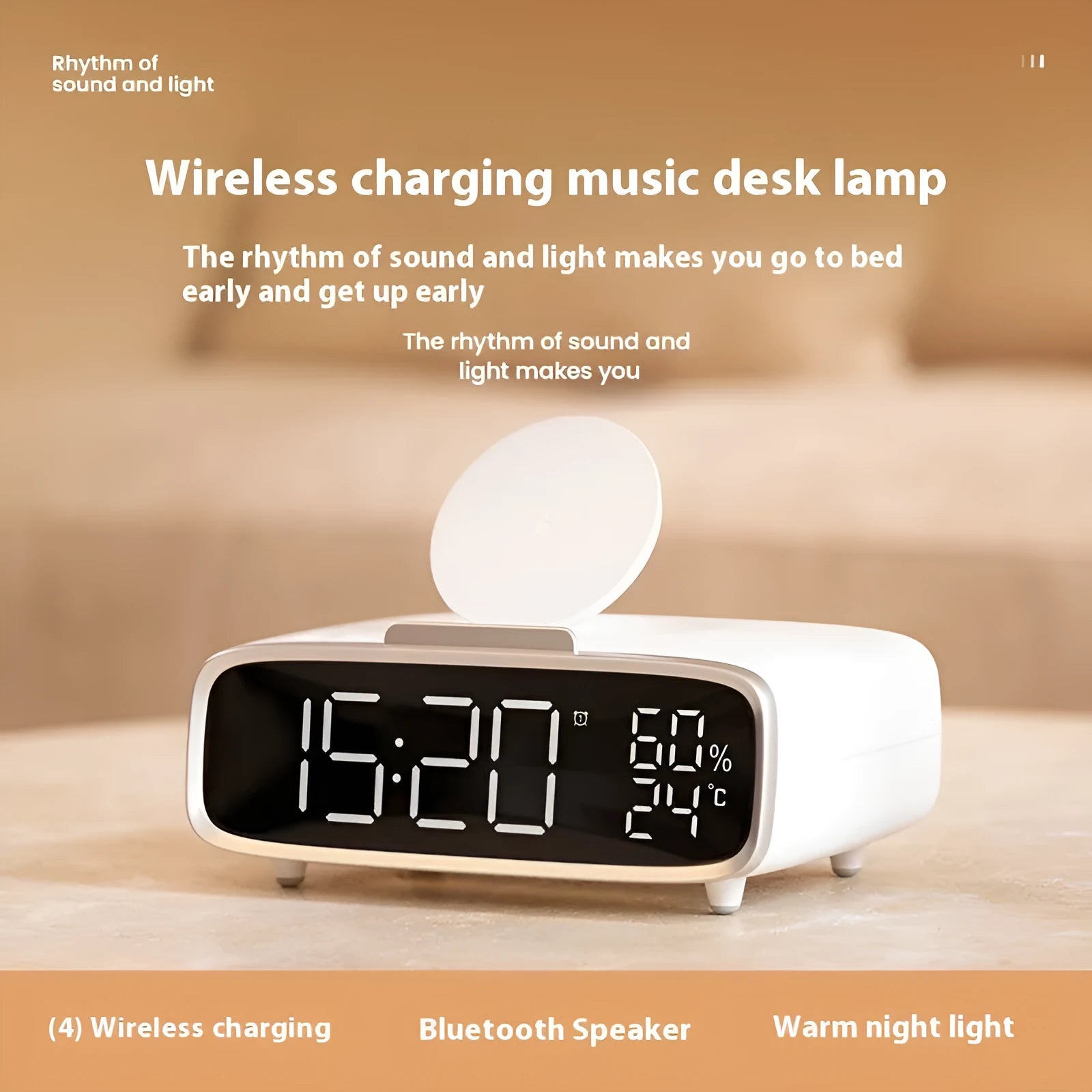 White wireless charger Bluetooth speaker with night light showing charging surface and control buttons