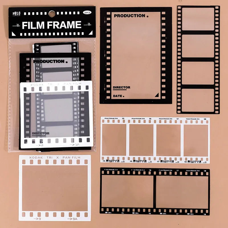 Retro film journal stickers with transparent PET base paper in photography, magazine, music, social, and retro frame designs