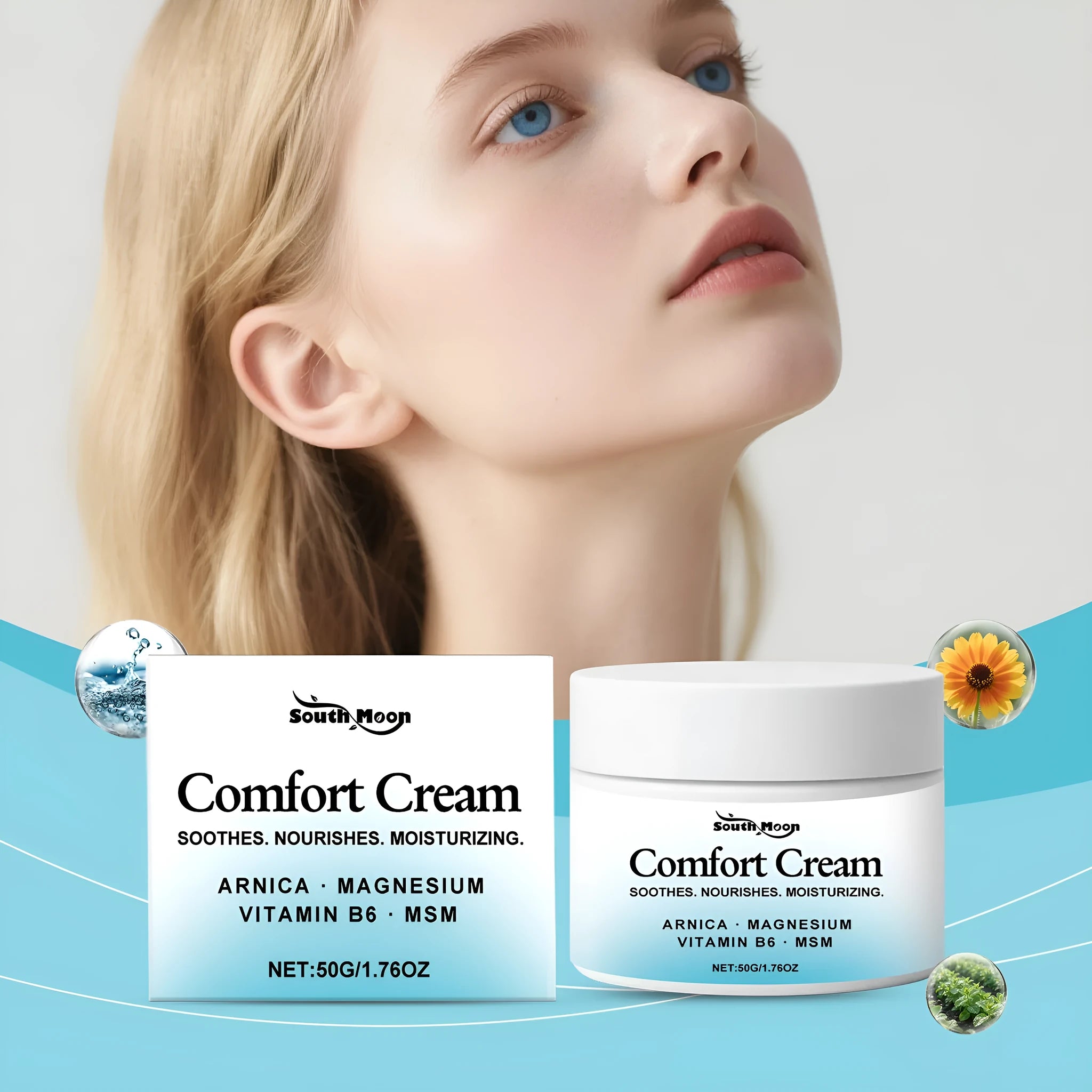 50g moisturising cream in square white container measuring 5x5cm