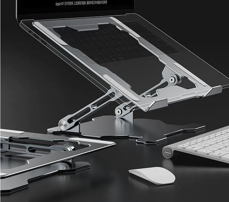 Grey aluminium laptop stand with adjustable angle and folding legs for portable use