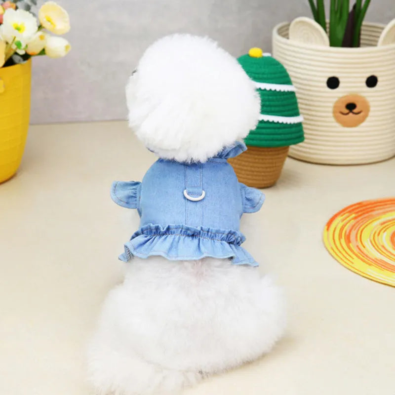 Blue denim dog dress with ruffles vest and back leash hook in five sizes