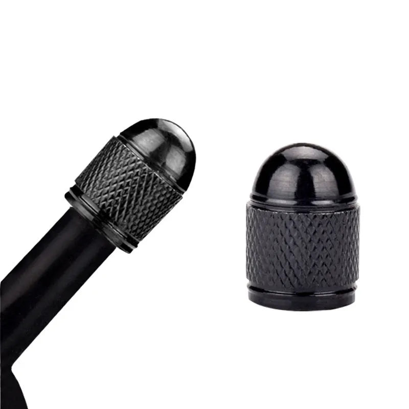 Aluminium alloy mountain bike tyre valve cap shown in five colour options: black, blue, gold, silver, and red