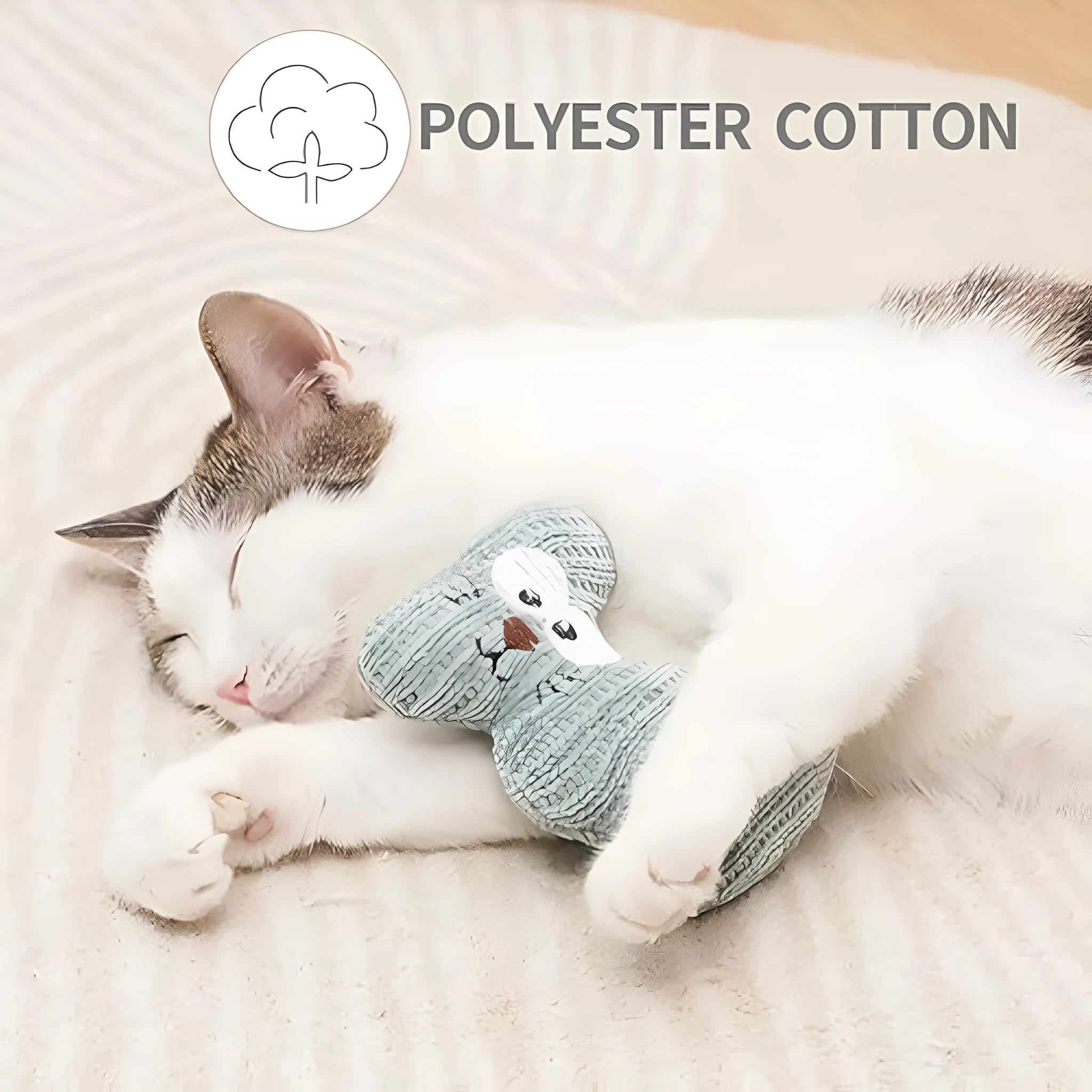 Cyan knitted plush cat toy with bell and catnip filling on a white surface.