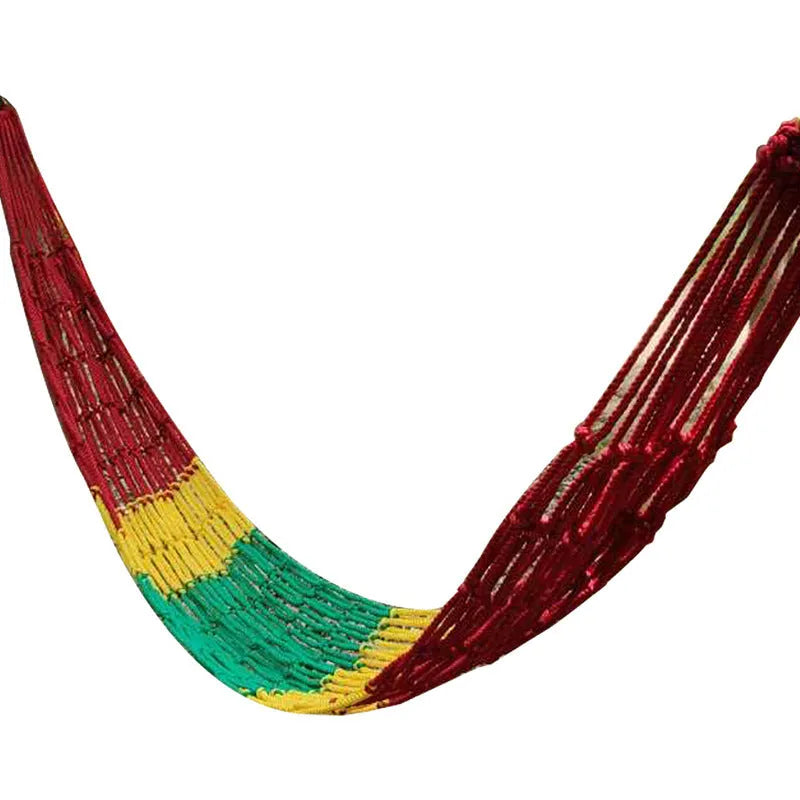 Nylon rope mesh hammock suspended between trees showing mesh pattern and included tying equipment