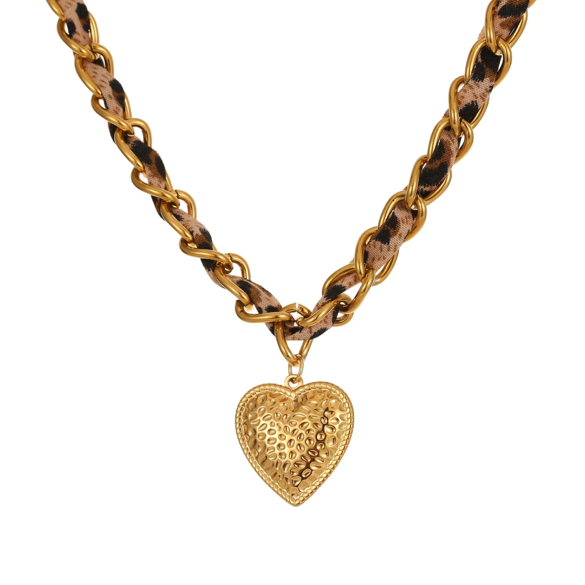 Gold-plated stainless steel necklace with leopard and love geometric pendant on an adjustable chain.