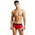 Men's cotton low waist boxer shorts in red, dark blue, and light grey colours laid flat.