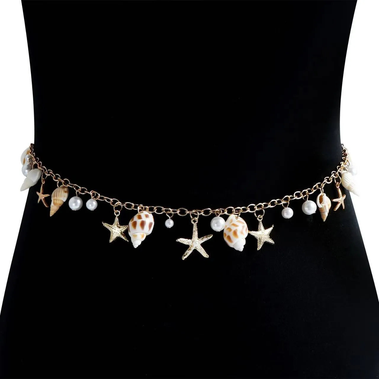 Women's alloy waist chain with star charm and matching bracelet set for summer wear.
