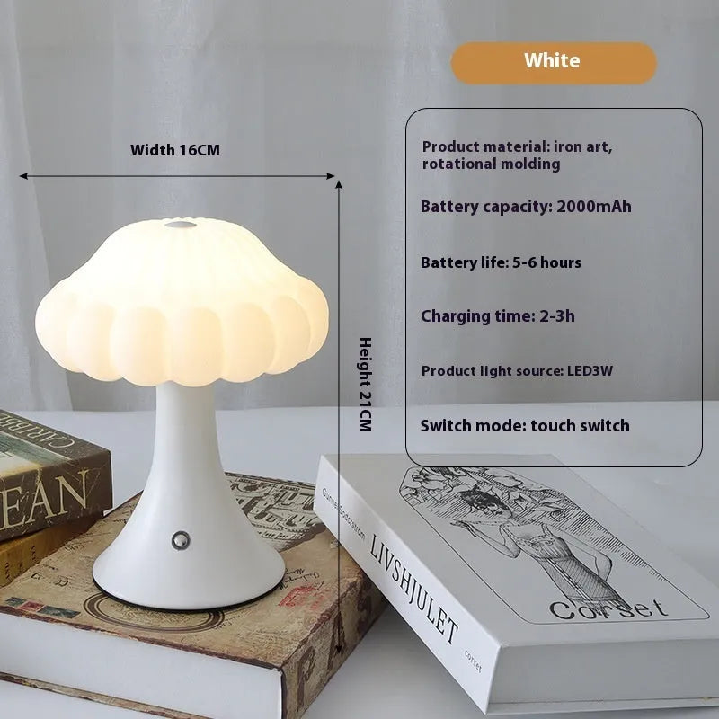 Mushroom-shaped decorative lamp with USB charging port and touch control in five colour options