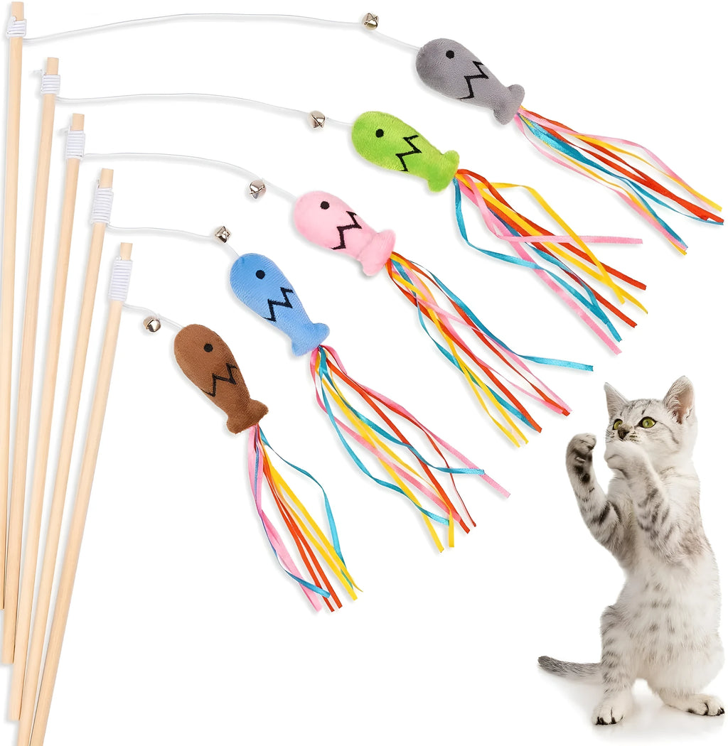 Cat wand toy with wooden handle showing colourful ribbons, catnip fish and bell attachments for interactive feline play
