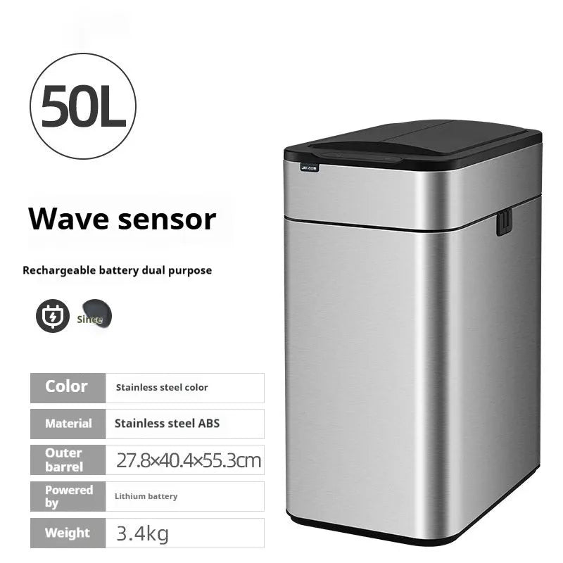Square inductive sensor bin with automatic lid and deodorant system in stainless steel finish