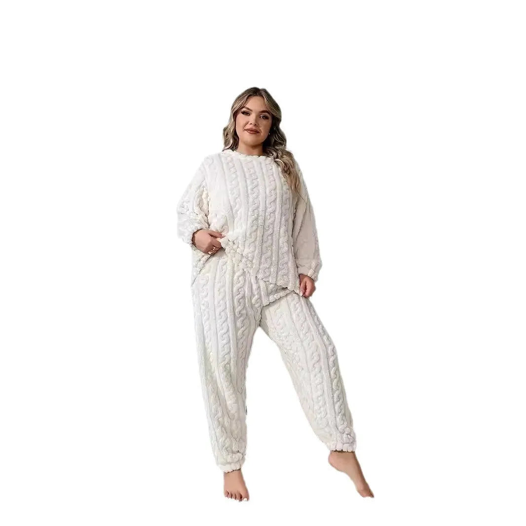 Women's milky white polyester plush two-piece casual suit with crew neck top and trousers