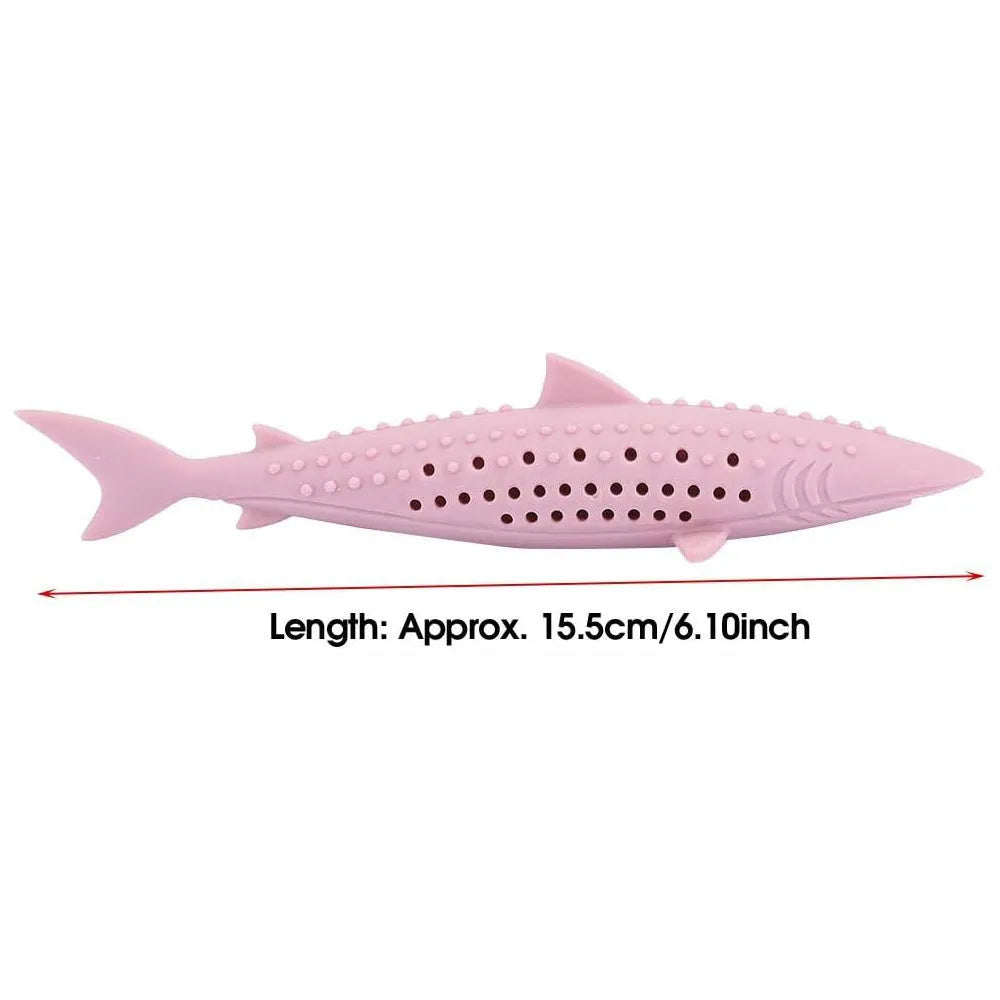 Green silicone fish-shaped chew toy for cats on a white background, showing side breathable holes.
