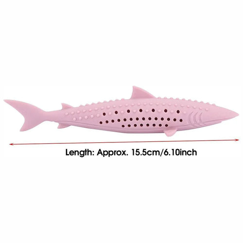 Green silicone fish-shaped chew toy for cats on a white background, showing side breathable holes.