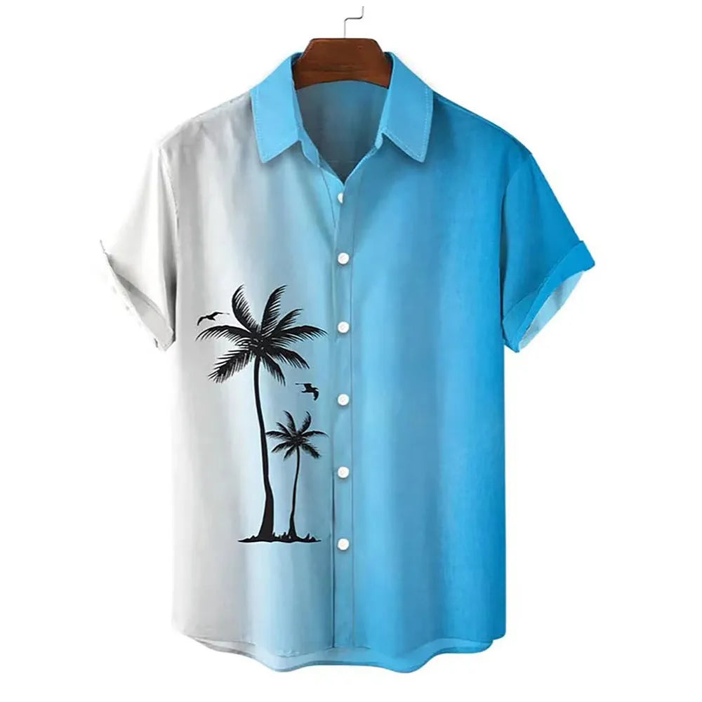 Men's short-sleeved Hawaiian shirt with a colourful 3D printed pattern on a polyester blend fabric.