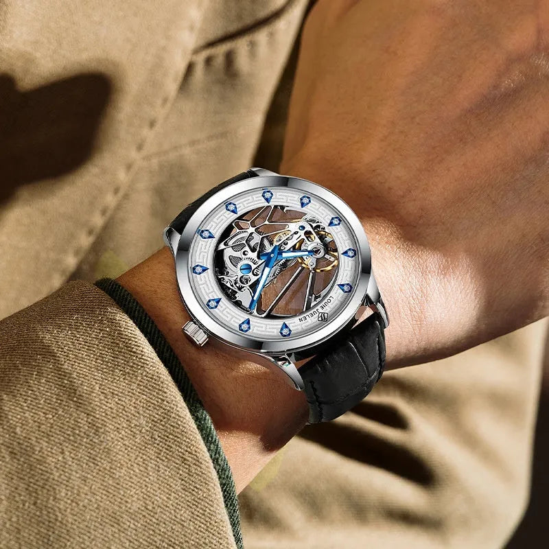 Men's silver case mechanical watch with black genuine leather strap and business styling