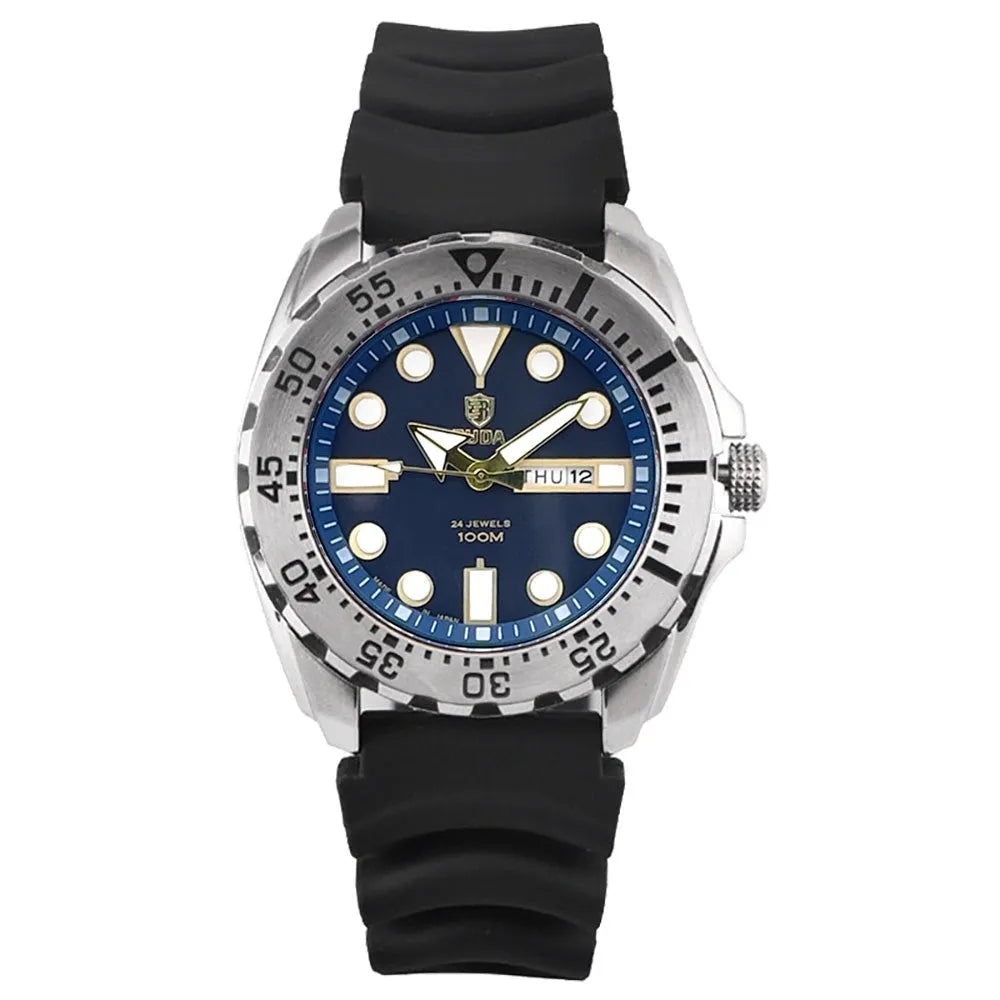 Men's waterproof quartz watch with luminous hands showing blue dial and steel bracelet option