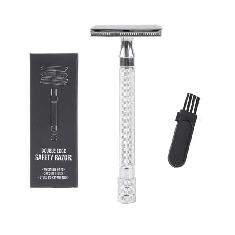 Traditional manual pogonotomy metal razor with brush in black or silver finish